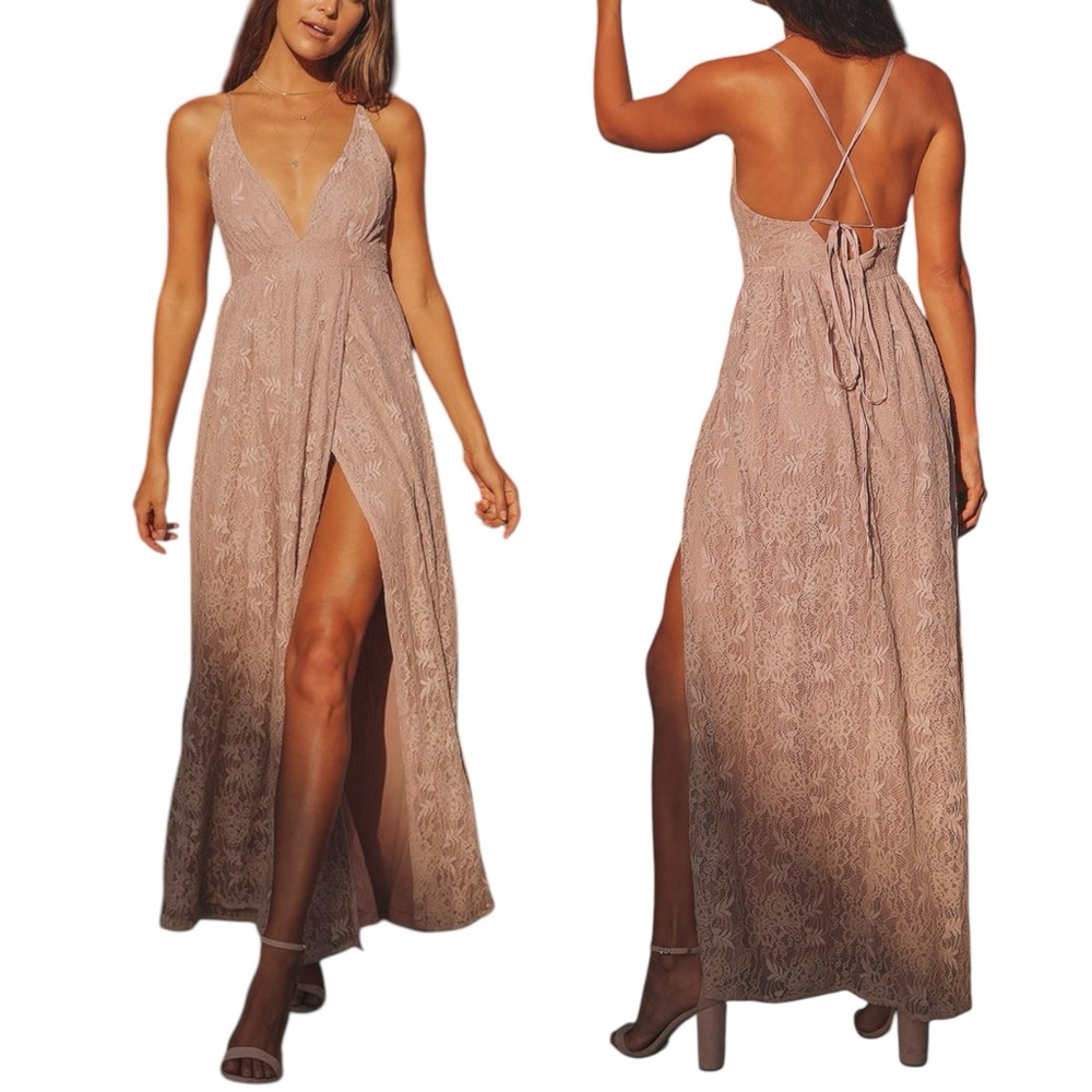 NWT LULUS Stolen Moments Dusty Pink Lace-Up‎ Lace Maxi Dress. Size M